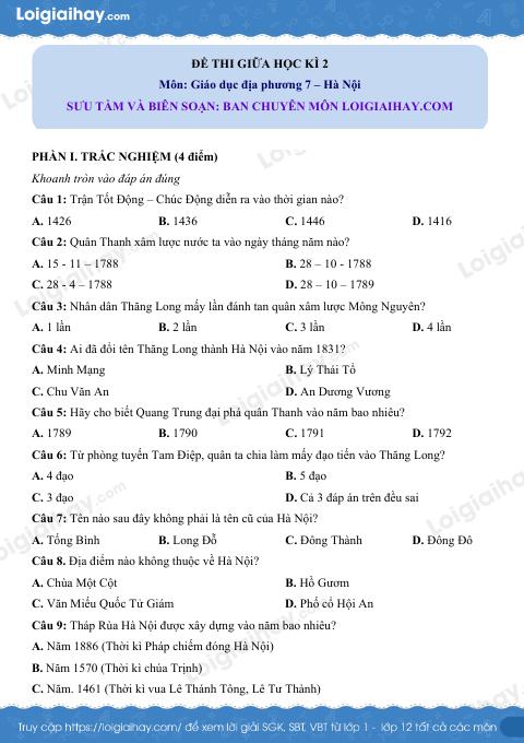 Đề thi giữa kì 2 GDĐP 7 Hà Nội - Đề 2